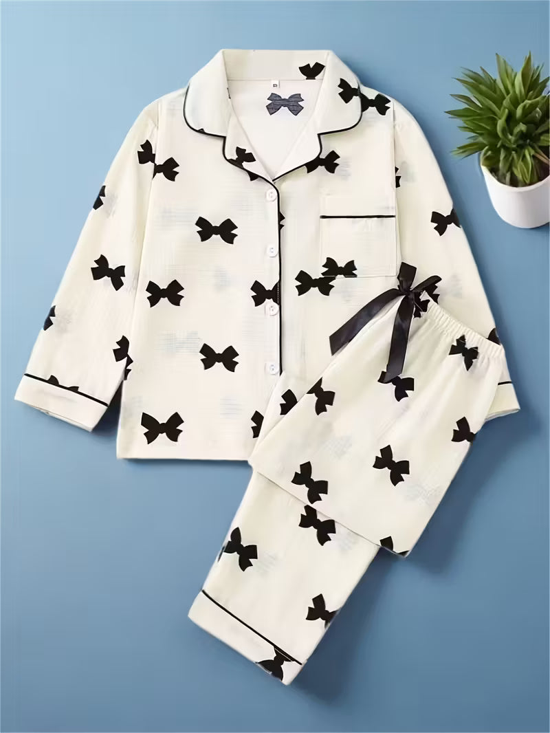 black bow/white long cozy pj set